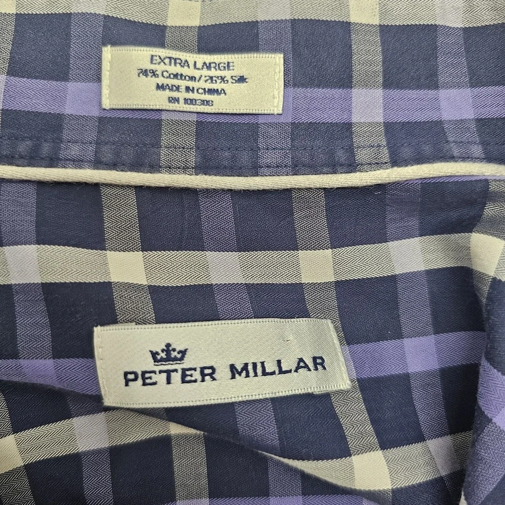 Peter Millar Mens Shirt Sz XL Cotton Silk Purple Plaid Long Sleeve Button Up EUC